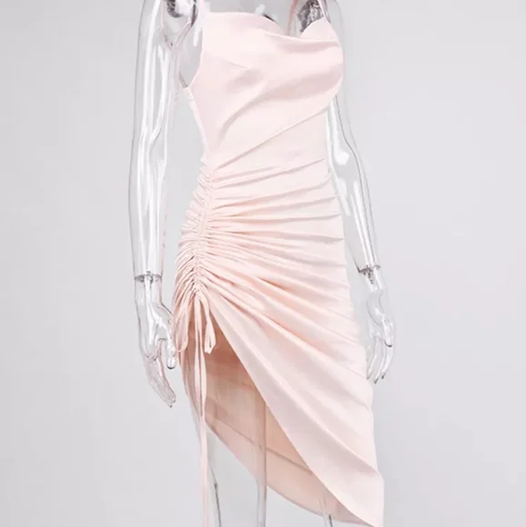 Draped Neck Spaghetti Strap Asymmetrical Satin Slip Dress - Picture 6 of 10